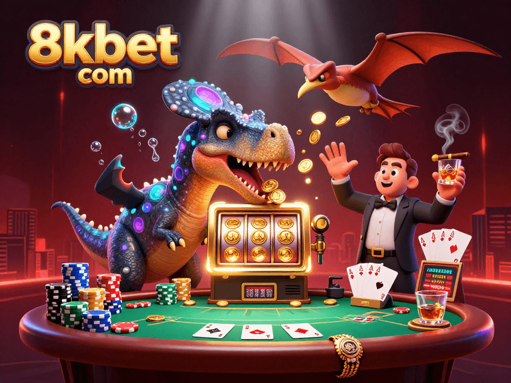 Celebrate winnings at 8xbet com with vibrant casino action featuring jackpot coins flying around a dynamic dinosaur scene.