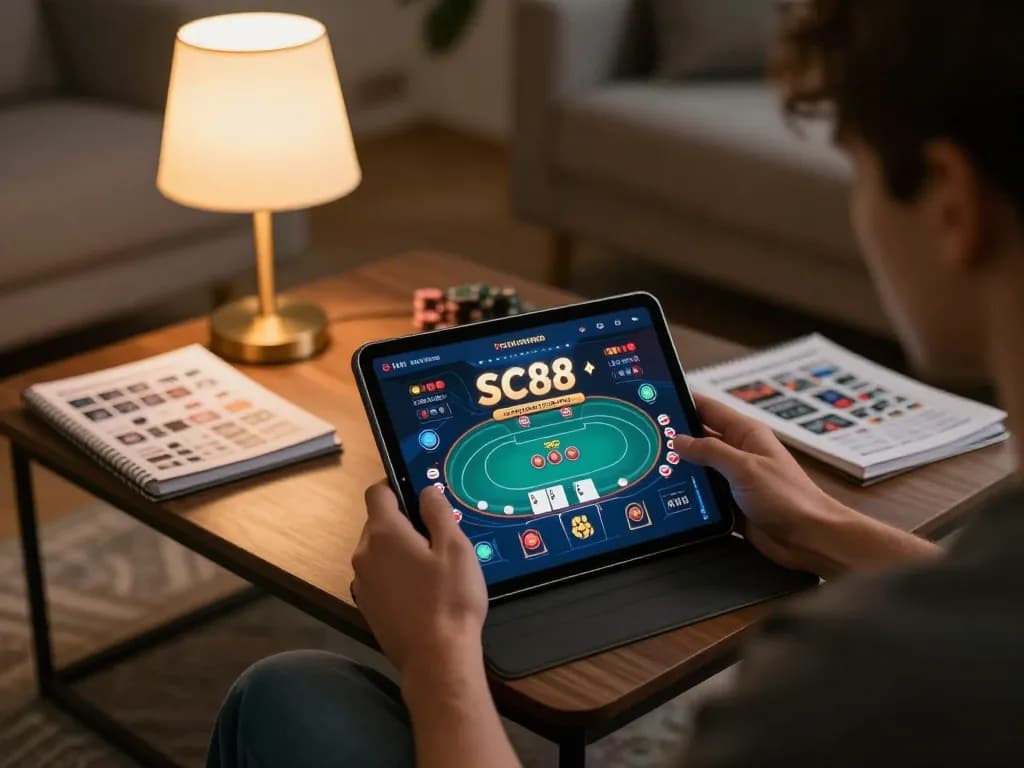 sc88 đăng nhập in action as player enjoys online poker game at home, showcasing a casual and engaging gaming environment.