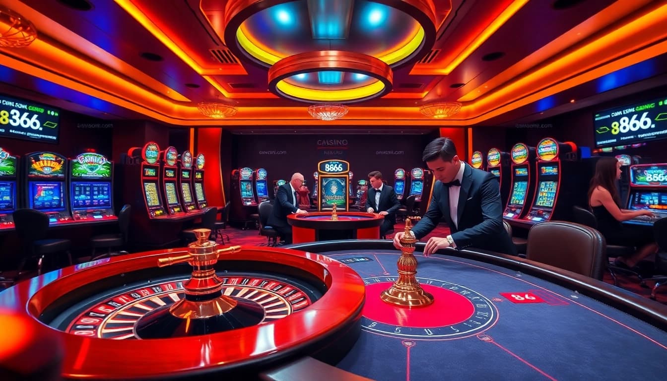 Experience thrilling casino action at 8s86.com with professional players enjoying poker and roulette in a luxurious setting.