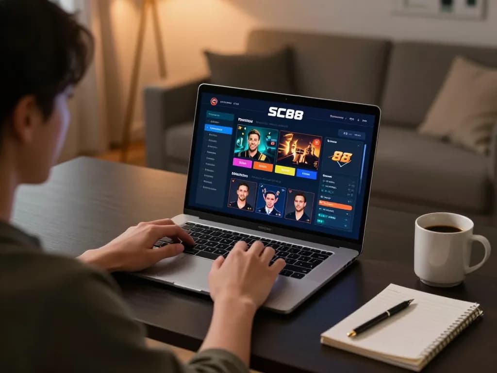 Player engaging with SC88 online casino app while strategizing bets at home