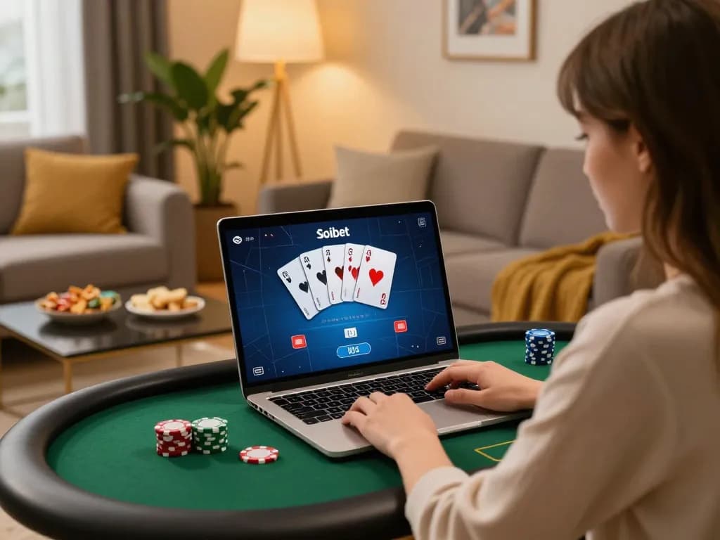 Engaging online poker game on Soibet with player concentrating on laptop screen in a cozy home.