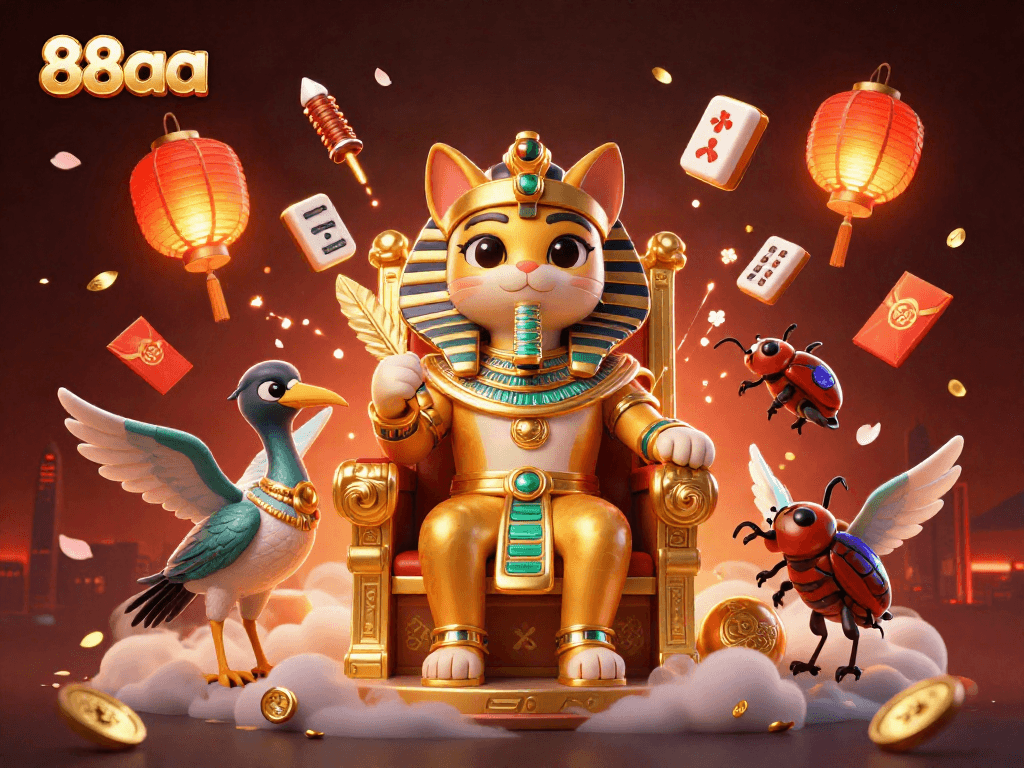 Engage in the world of 88aa with a vibrant 3D illustration featuring a majestic pharaoh cat at a bustling casino scene.