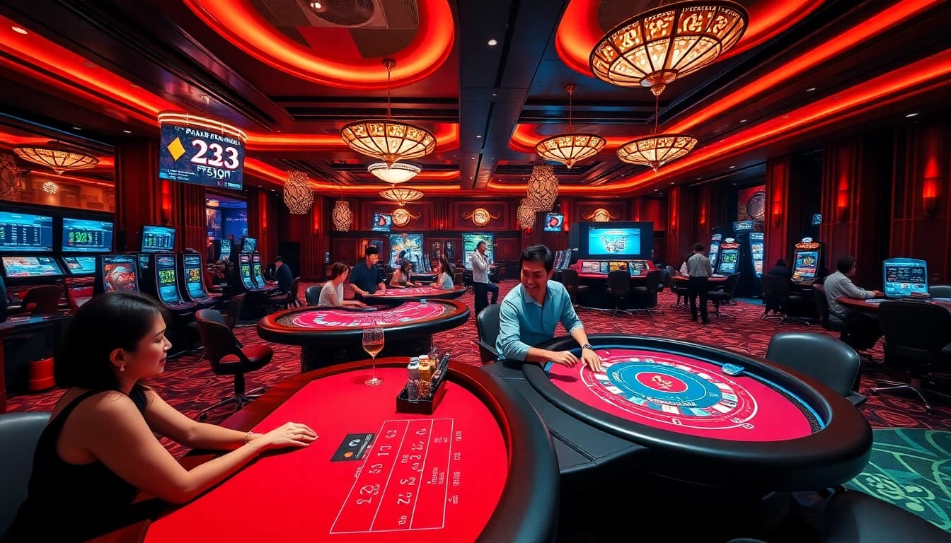 Immersive online casino scene featuring players enjoying games like Baccarat and Blackjack at 98win.