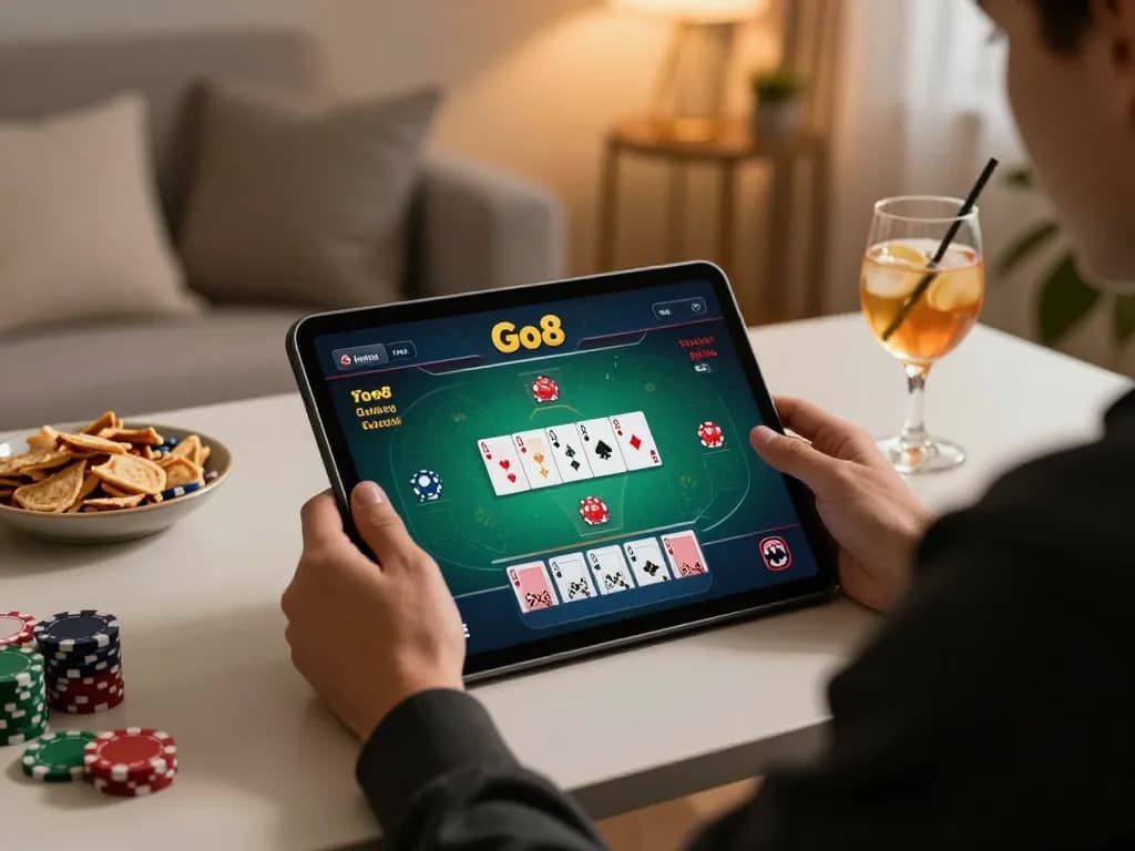Player engaging in Go8 online poker game on tablet in cozy home setting.
