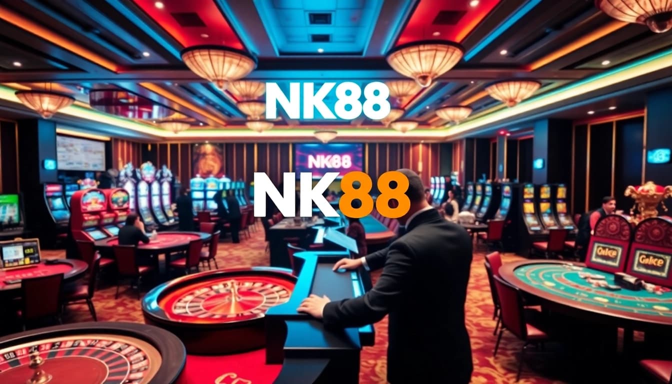 Enjoy thrilling gameplay at NK88 with casino tables, vibrant colors, and professional dealers.