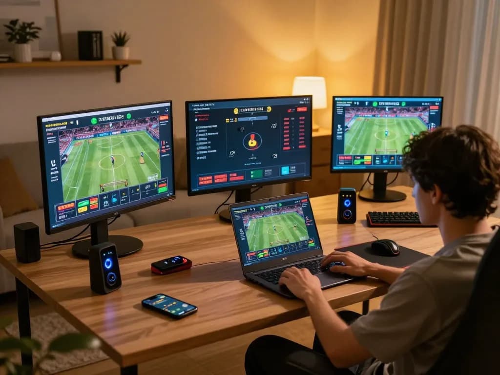 Engage in exciting online sports betting at https://vmax88vip.com/ with an immersive gaming setup showing multiple screens.