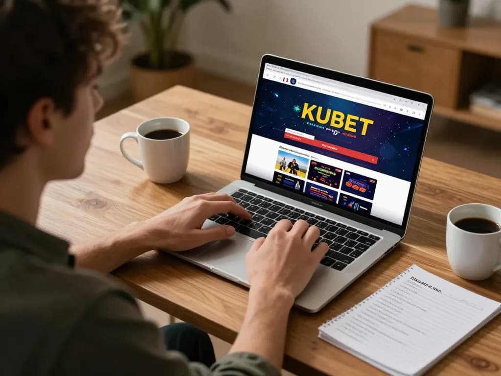 KUBET player engaging with online casino platform at cozy home setup.