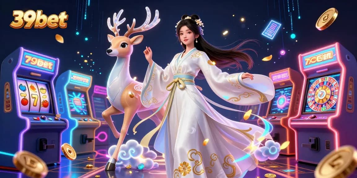 A stunning 39bet casino scene featuring an Asian woman in ornate hanfu, surrounded by slot machines and roulette.