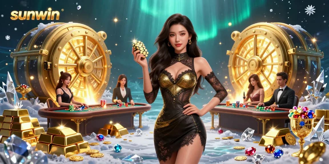Engage in exciting baccarat at sunwin's VIP table, surrounded by dazzling casino treasures.