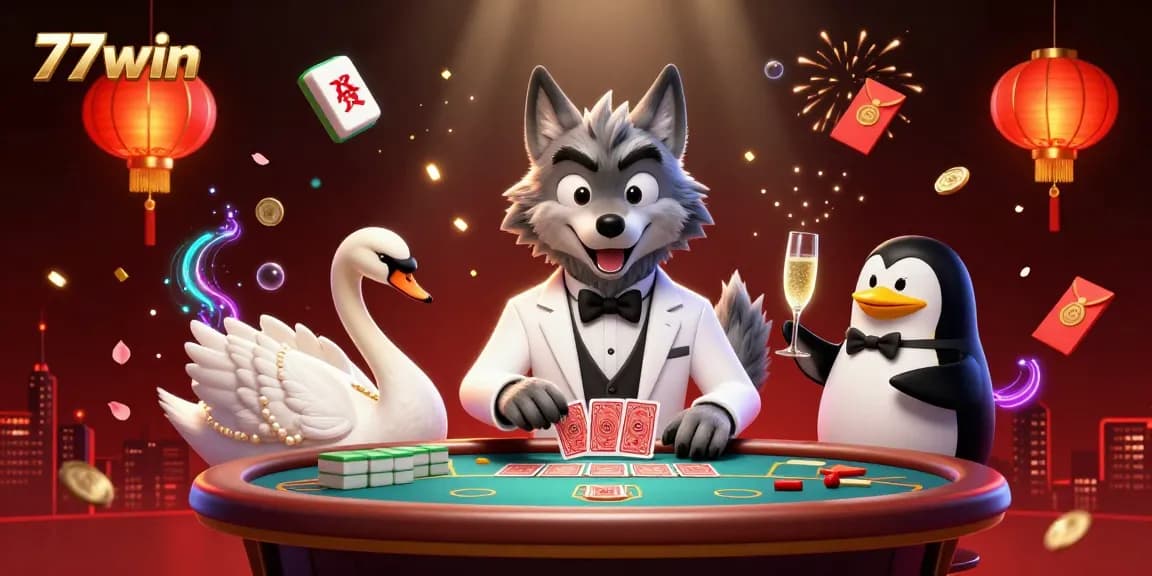 Experience the luxurious casino atmosphere of 77win with lively characters and vibrant games.