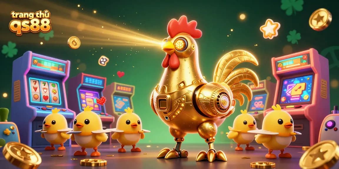 Experience the excitement of gaming at trang chủ qs88 with a dynamic 3D illustration of a golden rooster robot and chick drones.