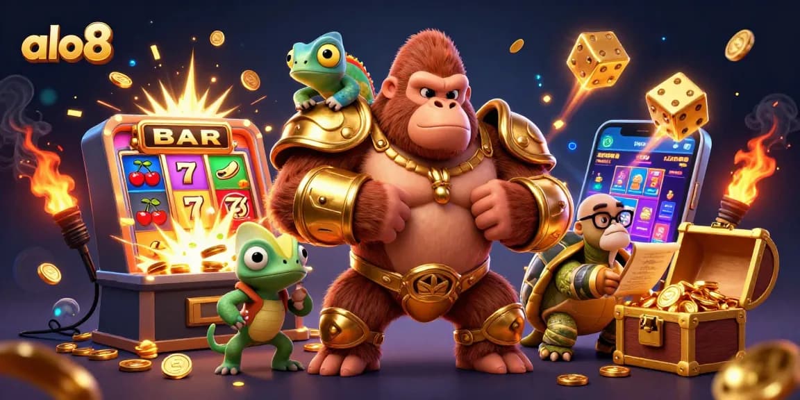 Alo8 gaming adventure showcasing a gorilla king, chameleon, and tortoise in a vibrant, fun casino environment.