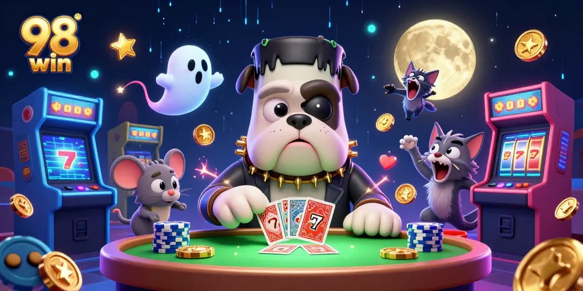 Engage with 98 win as a Frankenstein bulldog deals cards amidst glowing slot gaming elements.