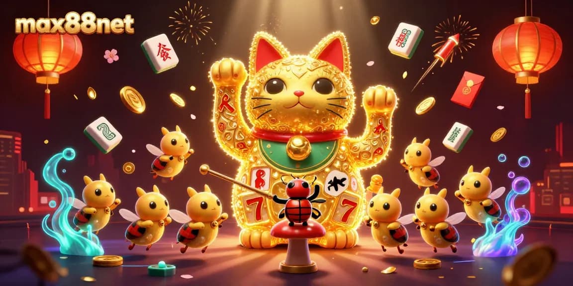 Experience the excitement of max88net with a vibrant 3D illustration of casino symbols and lucky elements.