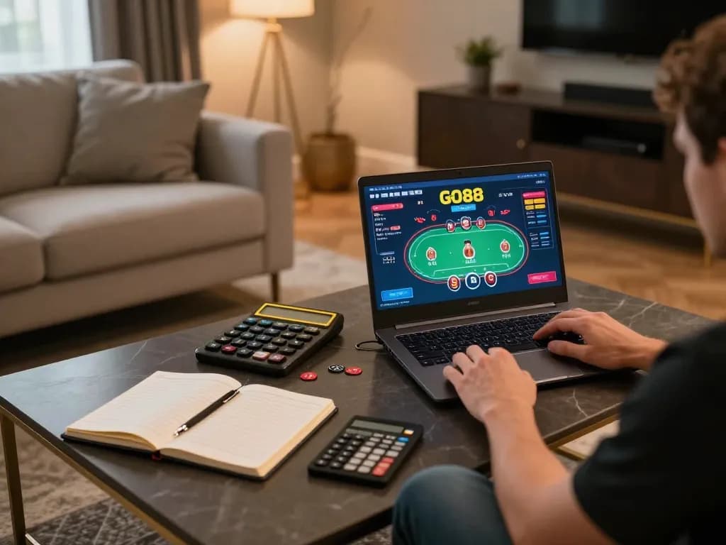 Player engaging in GO88 online gaming on a laptop in a cozy living room.