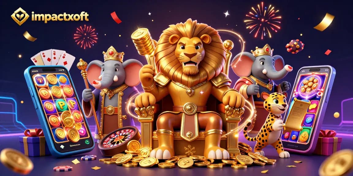 Engage with the excitement at impactxoft featuring a lion king, elephant advisor, and cheetah messenger in a vibrant casino scene.