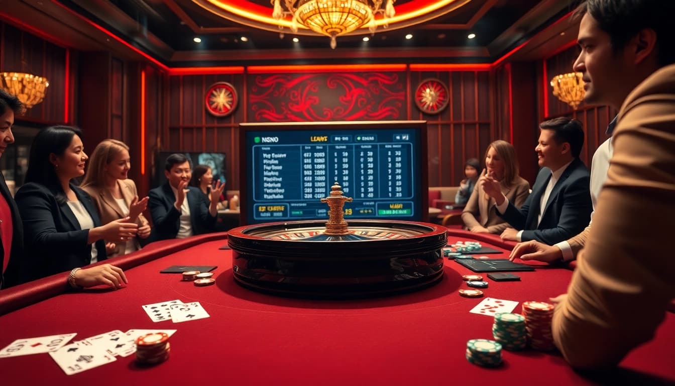 Experience online gaming excitement with Đăng nhập S8 at a vibrant casino scene featuring betting tables and roulette.