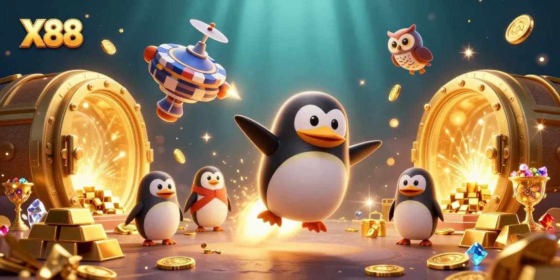 X88 penguin propels through space to a casino poker chip station, surrounded by treasure and adventure