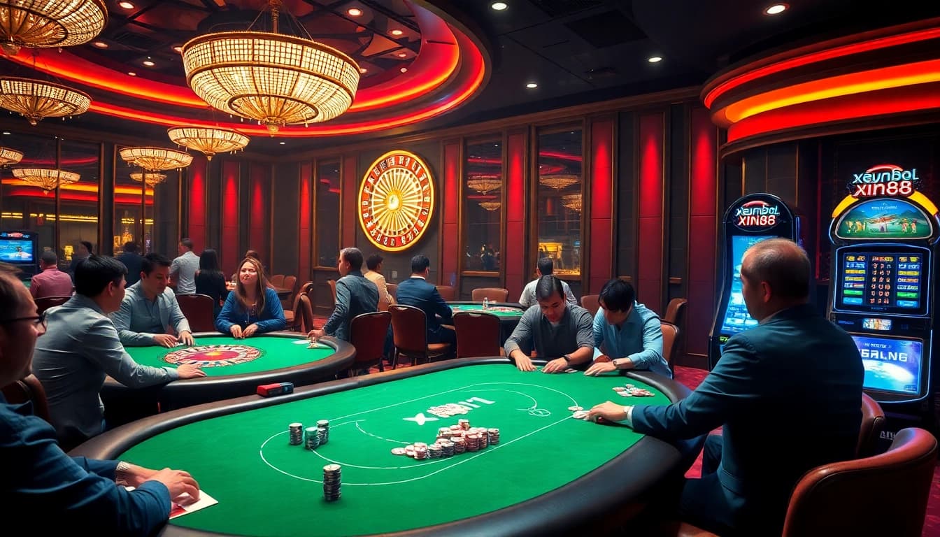 Players enjoying a thrilling poker game at the xin88 casino, surrounded by vibrant gaming elements.