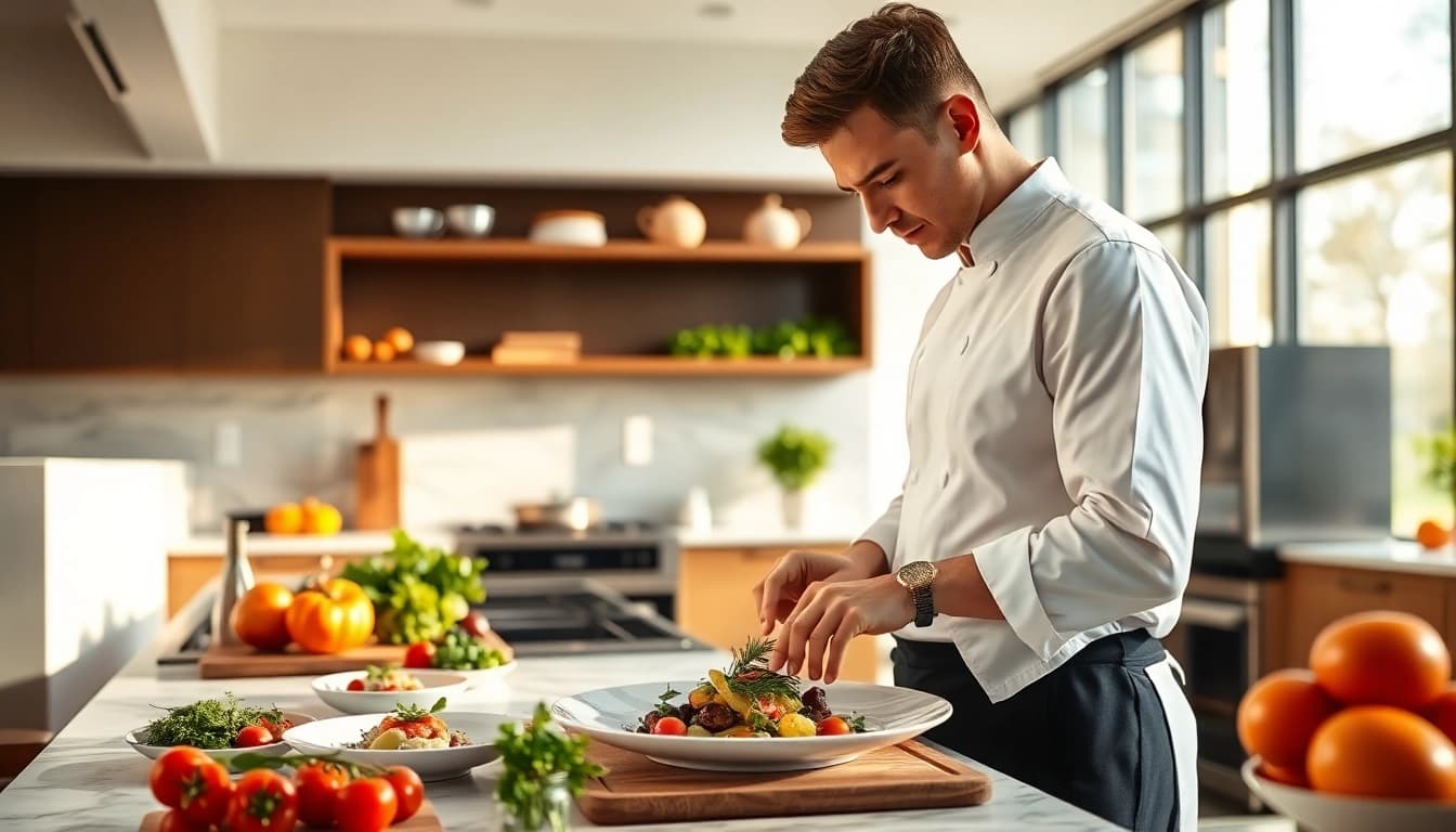 Gastronomie erleben: Professioneller Koch in einer modernen Küche mit frischen Zutaten.