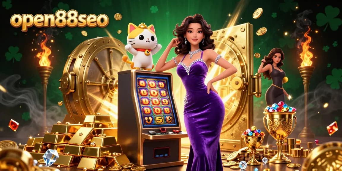 Experience jackpot wins with open88seo in a vibrant 3D casino scene filled with fortune and wealth.