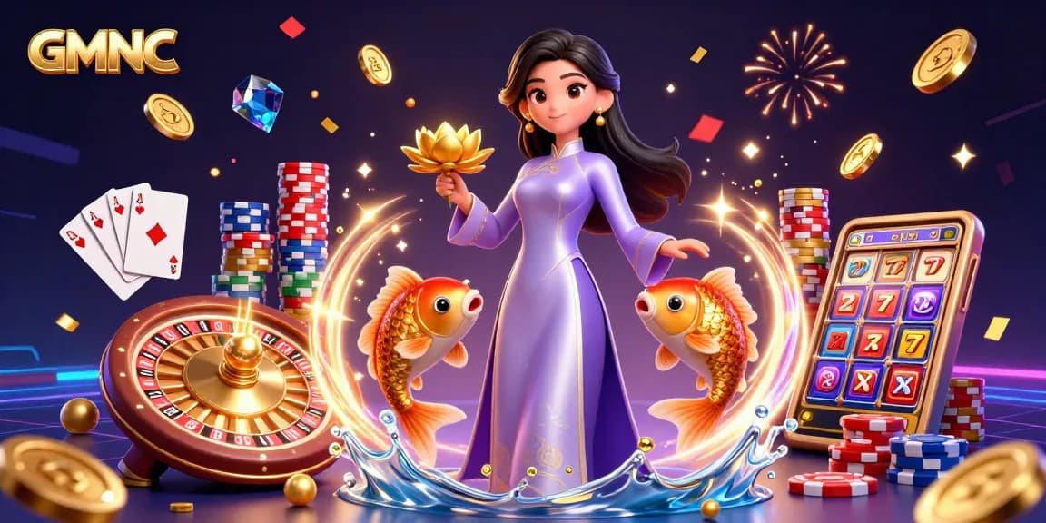 GMNC brings excitement to gambling with an Asian woman and golden koi fish in a vibrant casino scene.