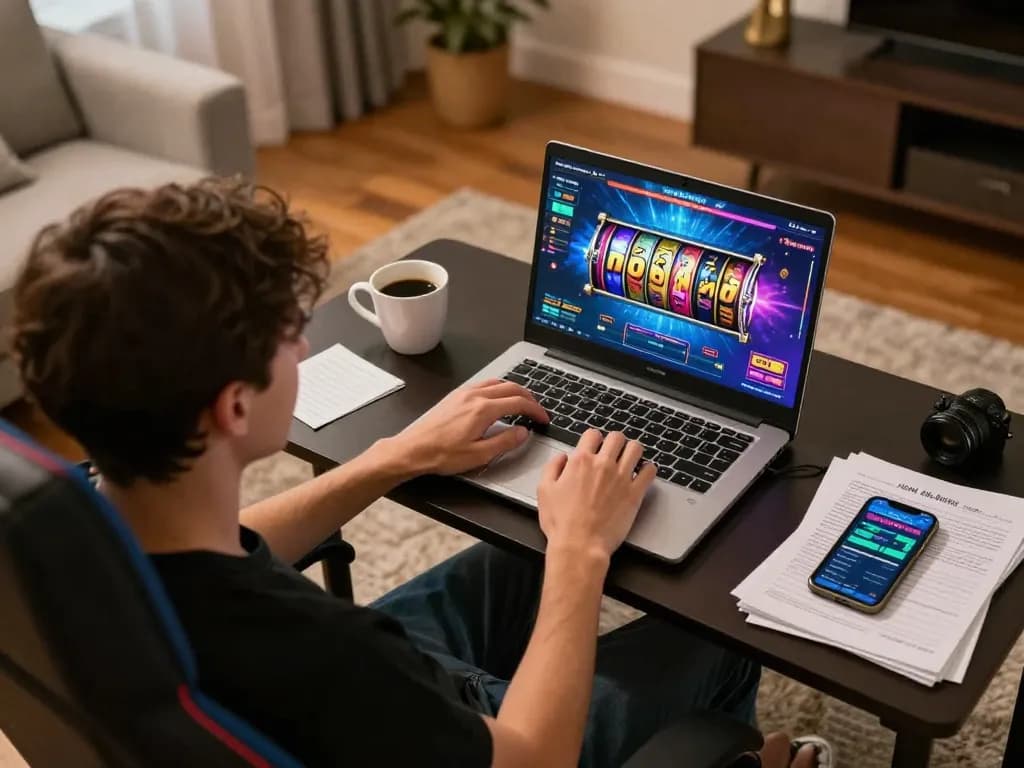 Engaging in game nổ hũ from the comfort of home with laptop displaying colorful gaming interface.