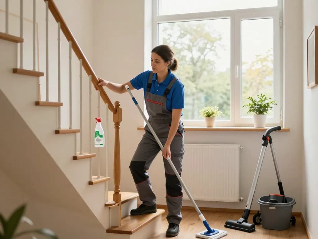 Treppenhausreinigung in Münster, zeigt einen professionellen Reiniger, der eine helle Treppenhausumgebung verbessert.