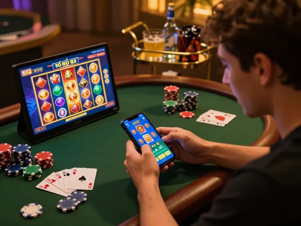 Engaging with the nổ hũ 52 app on a smartphone, surrounded by poker chips and drinks.