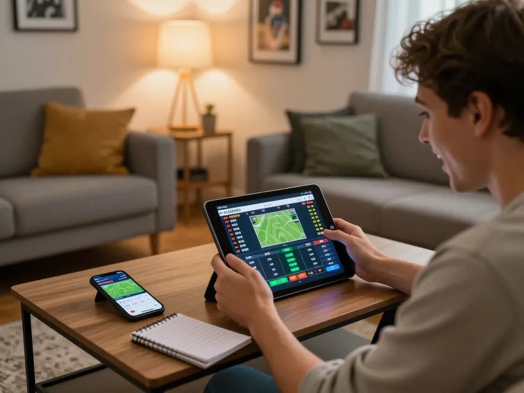Engaged bettor using mb668 for live sports betting in a cozy home setting