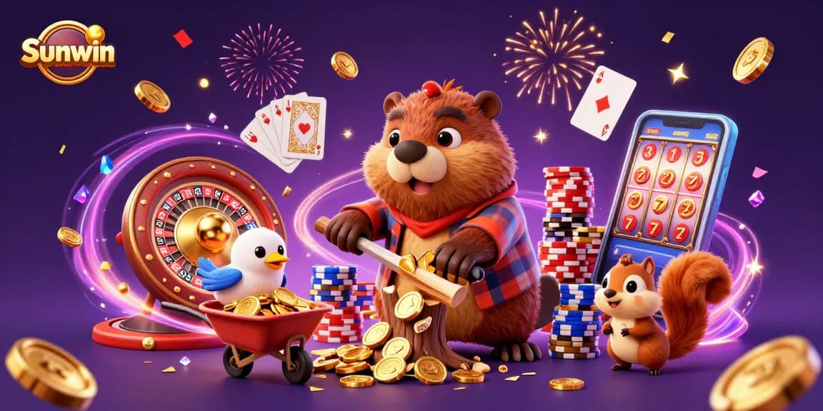 Engage with Sunwin at the vibrant casino scene showcasing golden coins, playful characters, and thrilling gaming elements.