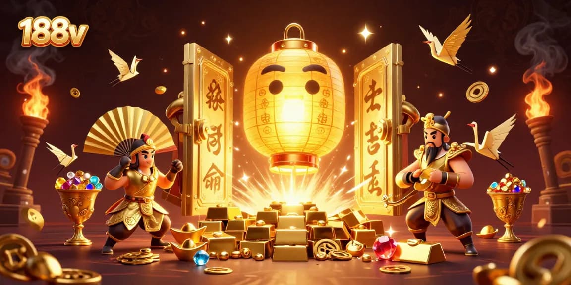Experience the vibrant 188v casino scene with a golden lantern spirit among treasure and lucky symbols.