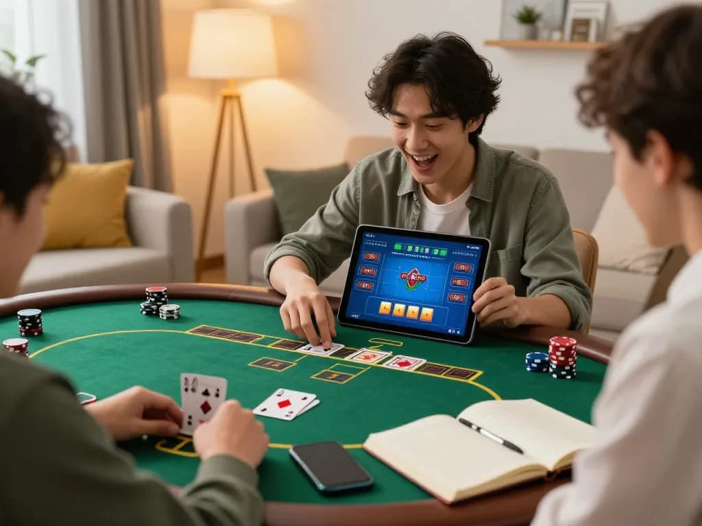 Player engaging in online poker on a tablet at home, showcasing 98win9 gaming atmosphere.