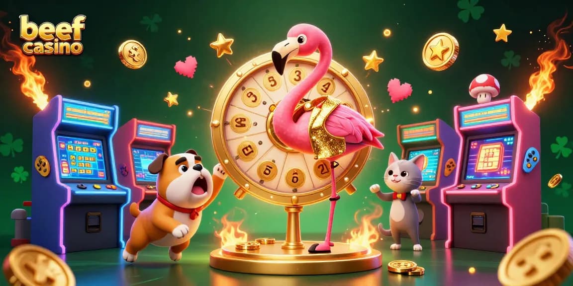 Beef Casino feiert mit aufregenden Preisen und klassischem Spielangebot in einer dynamischen, bunten 3D-Illustration.