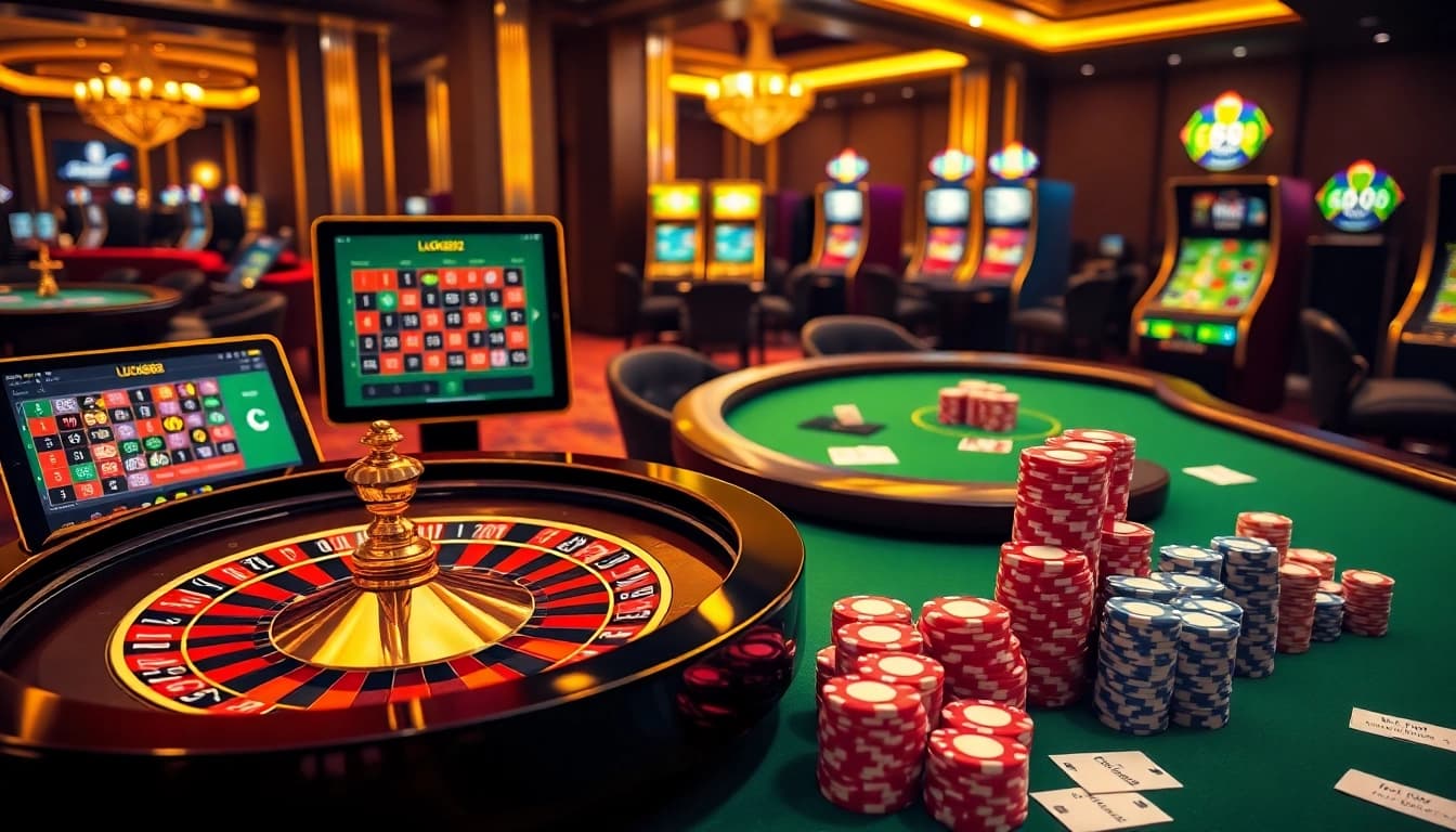 Exciting online gambling experience with Luck8882 showcased on modern devices surrounded by casino elements.