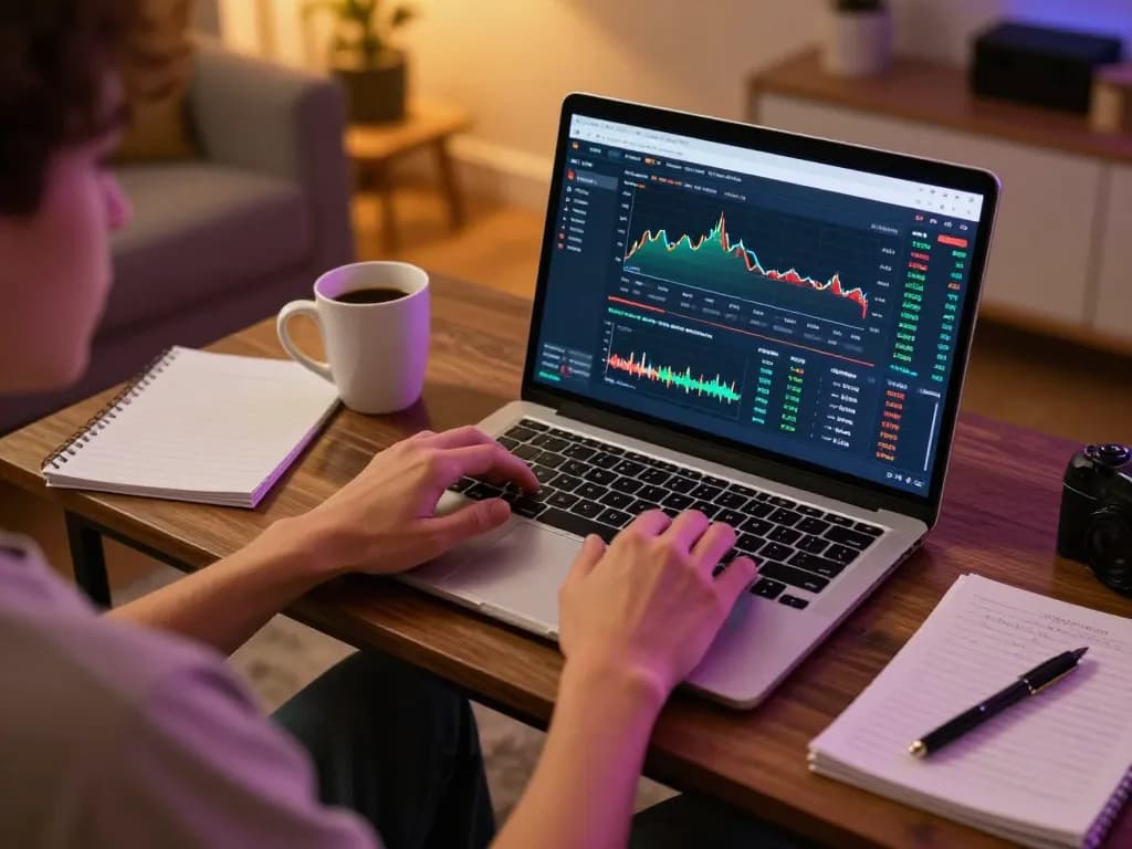 Person actively engaging in O8 FOREX online trading from a cozy home setup, complete with strategy notes and ambient lighting.