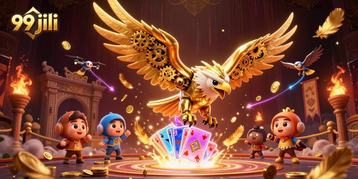Engage with the dynamic 99 jili gaming scene featuring a cybernetic eagle amidst holographic cards.