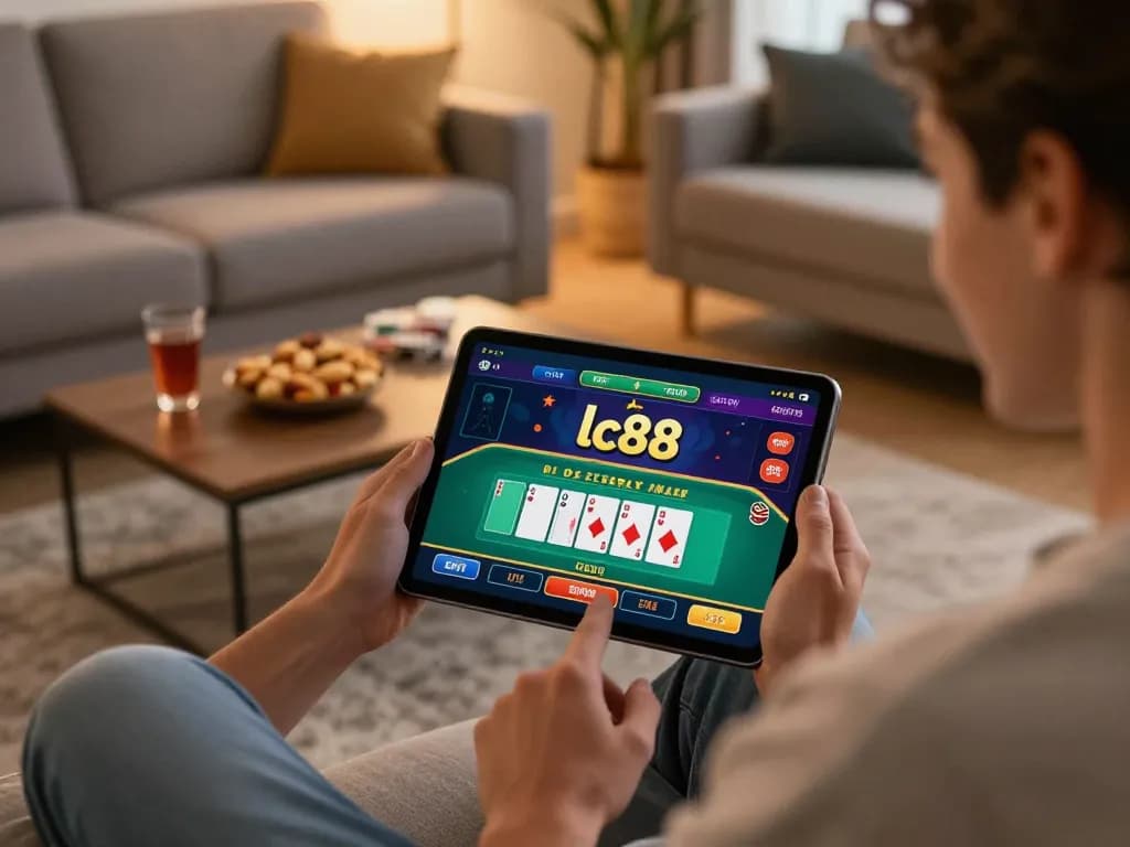 Playing live dealer games on the lc88 app in a cozy home setting, showcasing a strategic online casino experience.
