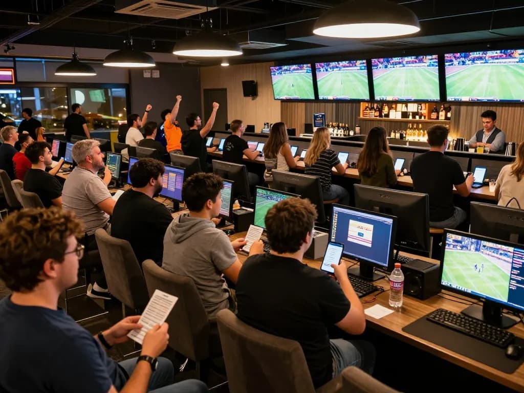 MISO88 users excitedly engaging in live sports betting at a modern lounge with multiple screens.