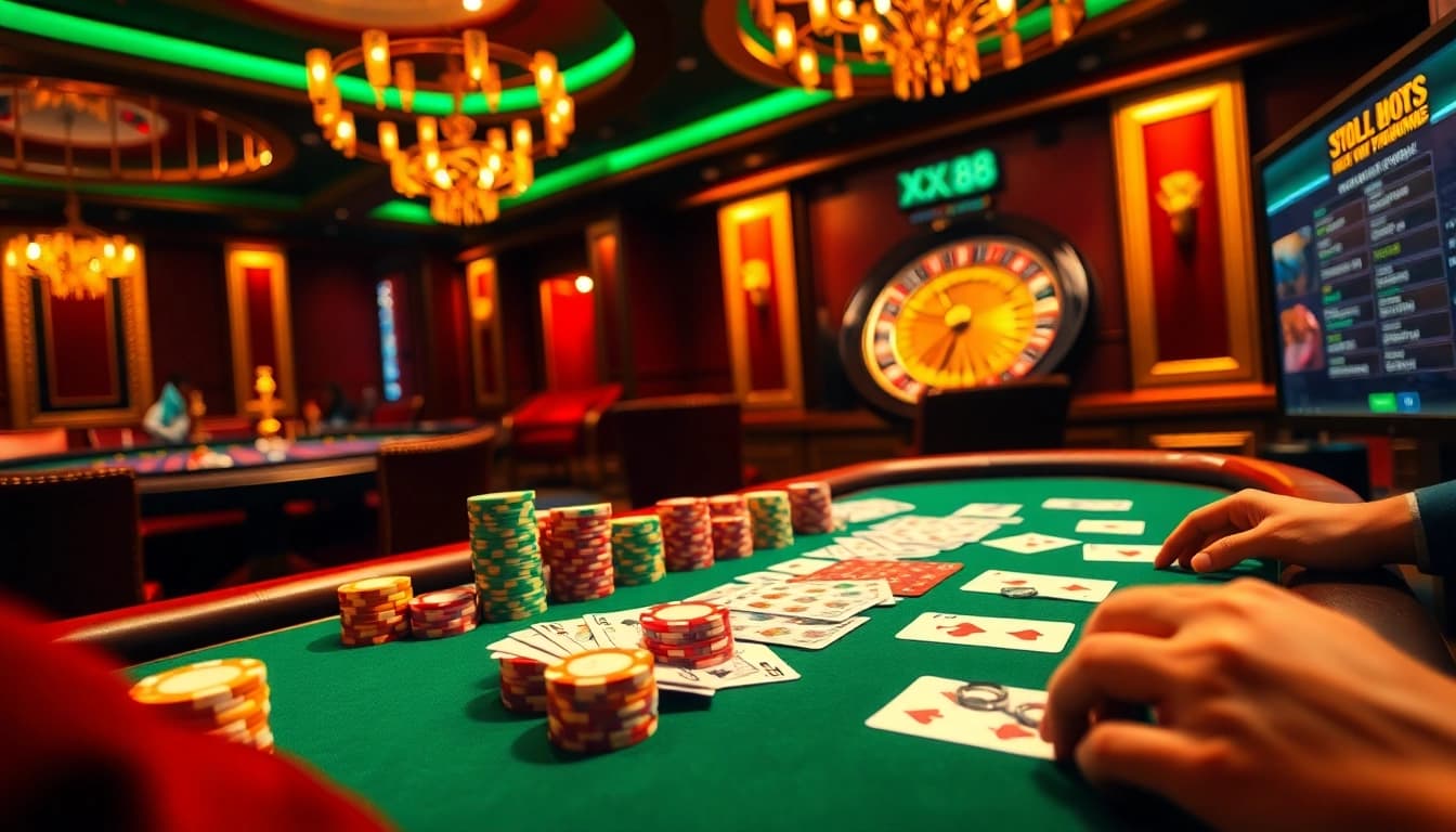 Experience the thrill of online gambling at XX 88 with luxury poker tables and vibrant casino ambiance.
