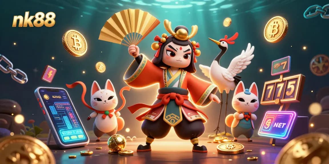 Experience wins at nk88 with a vibrant 3D illustration featuring slot games and crypto elements.