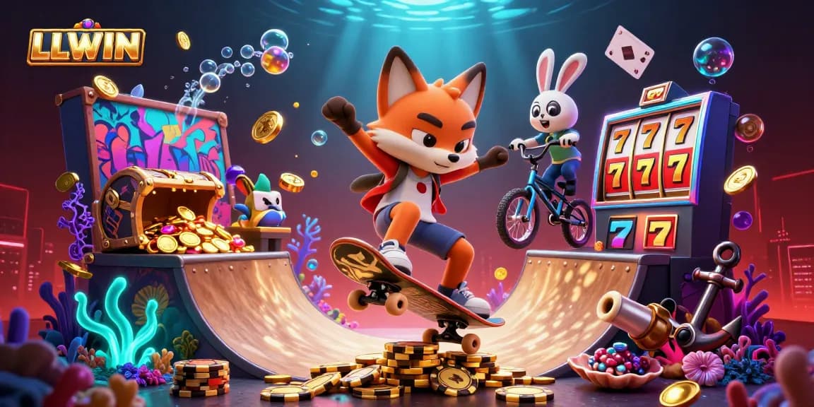 Experience thrilling gameplay at LLWIN with cartoon characters performing tricks above golden poker chip ramps