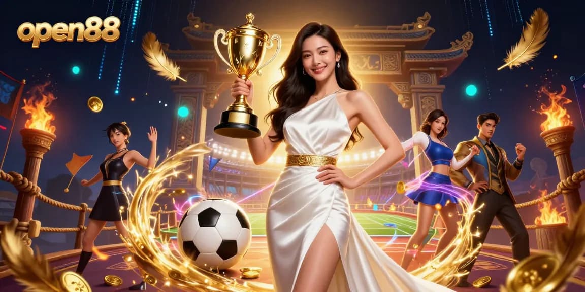 Experience thrilling gaming at open88 with a stunning Asian winner holding a trophy in a vibrant casino scene.