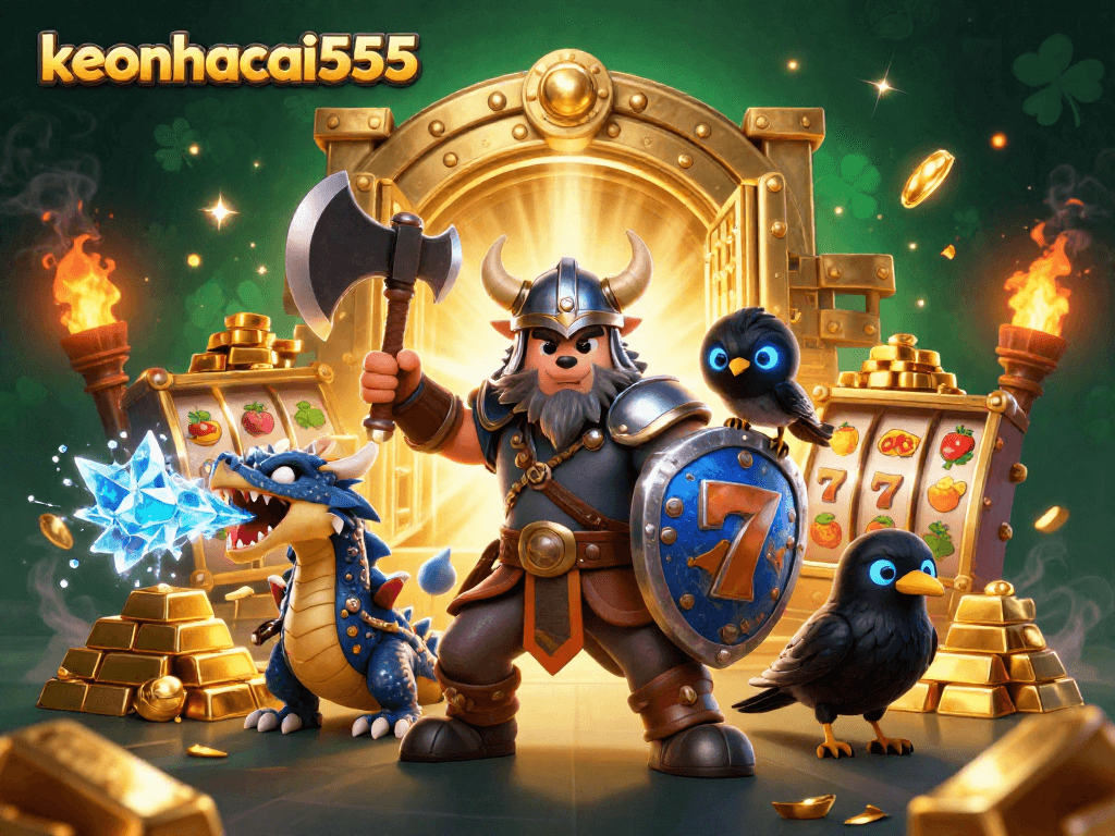 Engage with keonhacai555 in this ultra-detailed 3D casino illustration featuring vibrant characters and slot elements.
