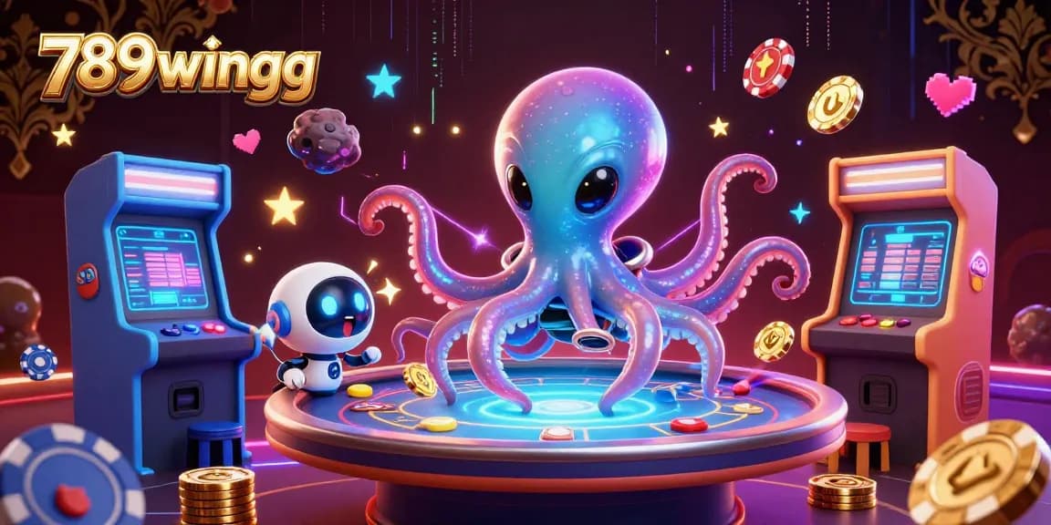 Engage with the colorful world of 789wingg featuring playful characters at a holographic poker table.