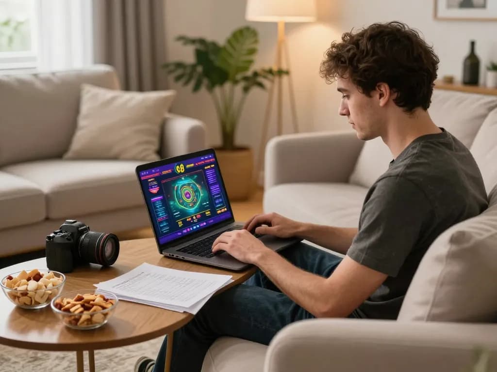Player strategizing on O8net3 while enjoying online gambling, with warm home atmosphere.