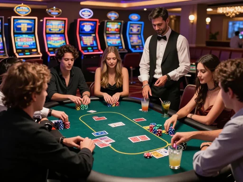 Exciting scene at https://may88.bio/ casino with friends enjoying poker, colorful chips, neon lights