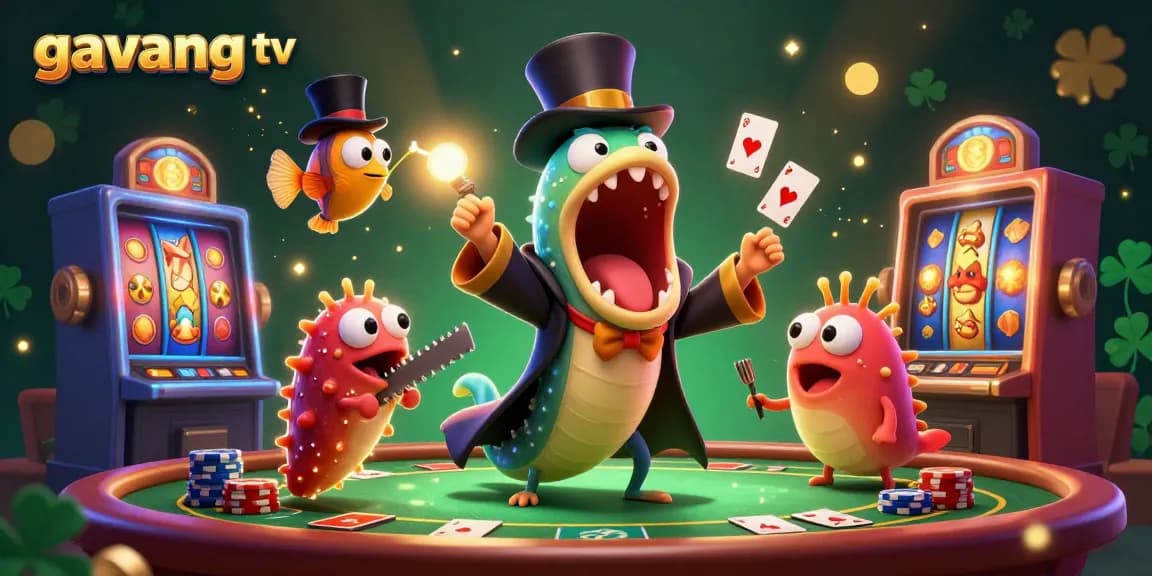 Engage with gavang tv's thrilling casino scene showcasing a magician's deep-sea eel amidst vibrant slot machines.