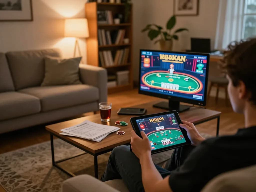 Engaging with the tg88 link on a tablet for an exciting online poker game among cozy home settings.