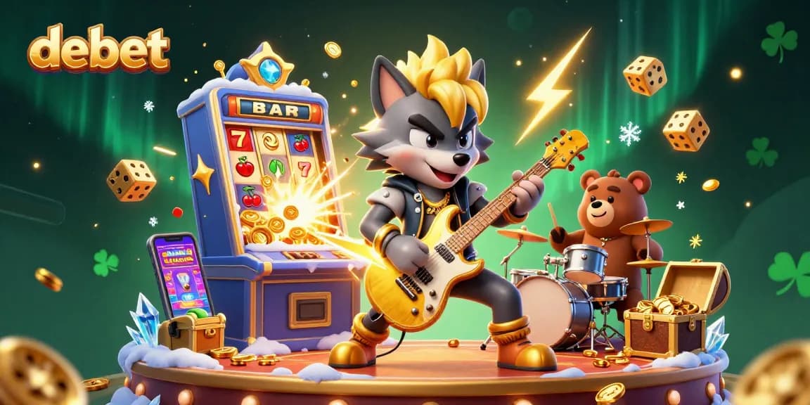 Spin and win at debet with vibrant 3D gaming action featuring a cartoon rock star wolf and thunderous jackpot!